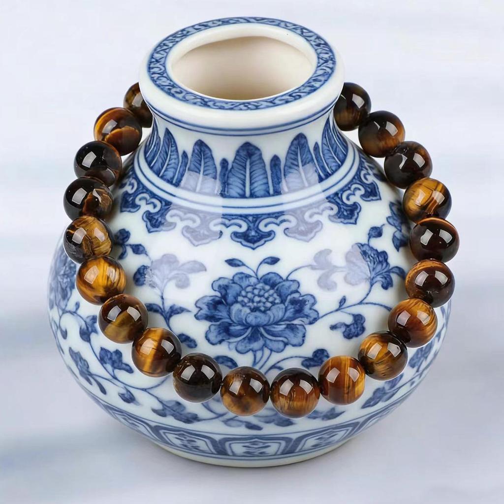 8mm Agate Natural Stone Bracelet - Fashionable Single Strand Elastic Beaded Bracelet with Round Crystal Beads