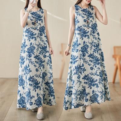 Real Shot Summer New Bohemian Long Dress Fattened Plus Sleeveless Crew Neck Printed Dress Women