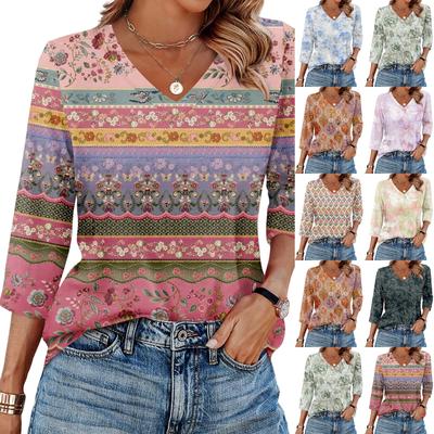 Women's V Neck 3/4 Sleeve Tops Casual T Shirts Basic Summer Tees Loose Fit Fall Pullover Tunic