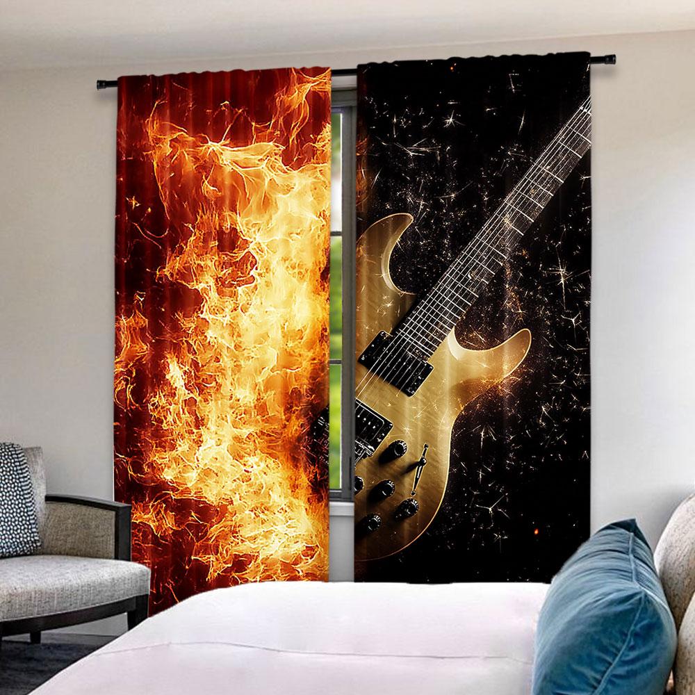 2Pcs Guitar Curtains Rock Music Hip Hop Hippie Flame Guitar Suitable For Bedroom Living Room Dining Room And Bathroom