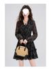 Chic Retro Floral Chiffon Dress: Petite Waist-Cinched Slim Black Style for Autumn & Winter