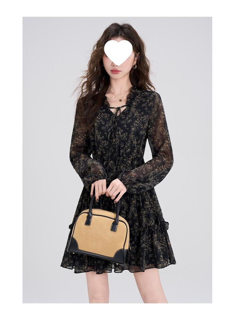 Chic Retro Floral Chiffon Dress: Petite Waist-Cinched Slim Black Style for Autumn & Winter