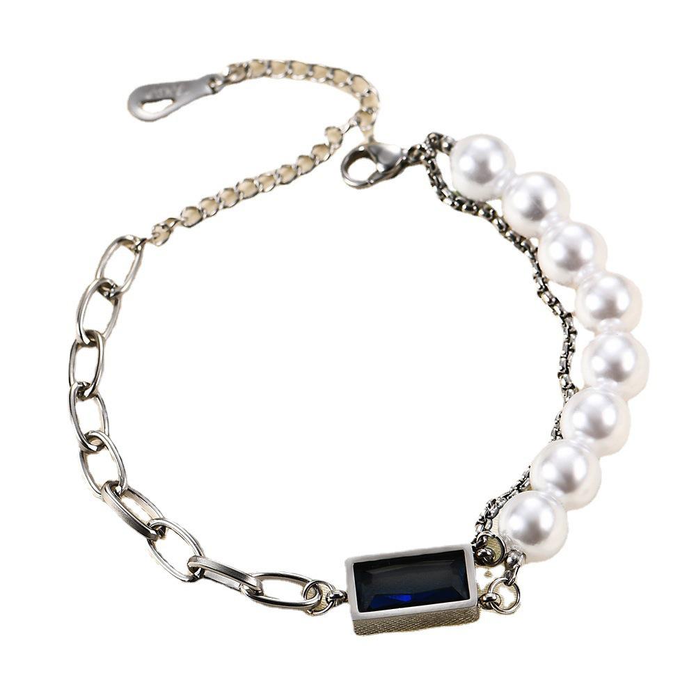 European-American Creative Rectangle Sapphire Pearl Chain Bracelet for Women