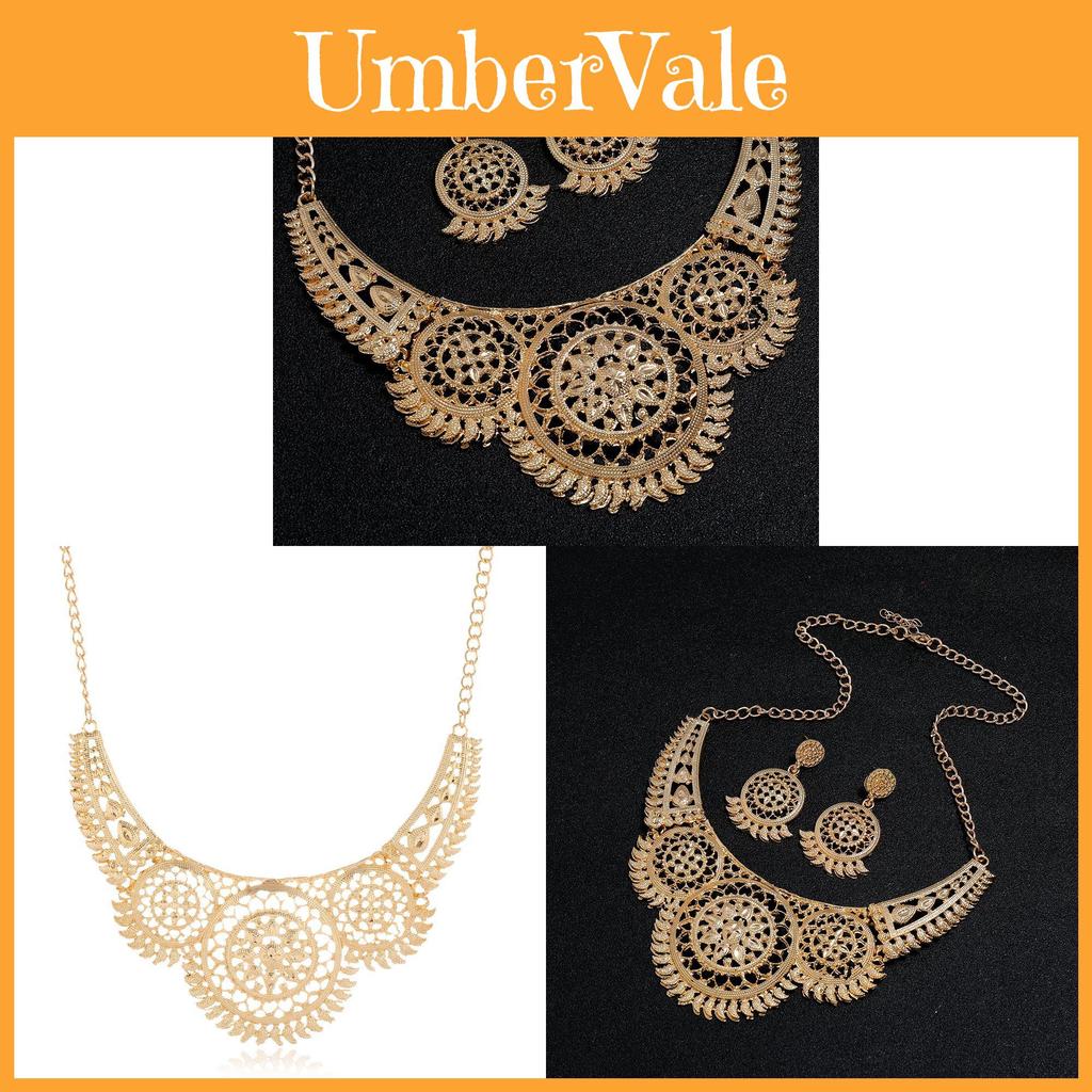 Ethnic Style Jewelry Necklace And Earring Set With Hollow Floral Pattern Metallic Finish For Women And Men
