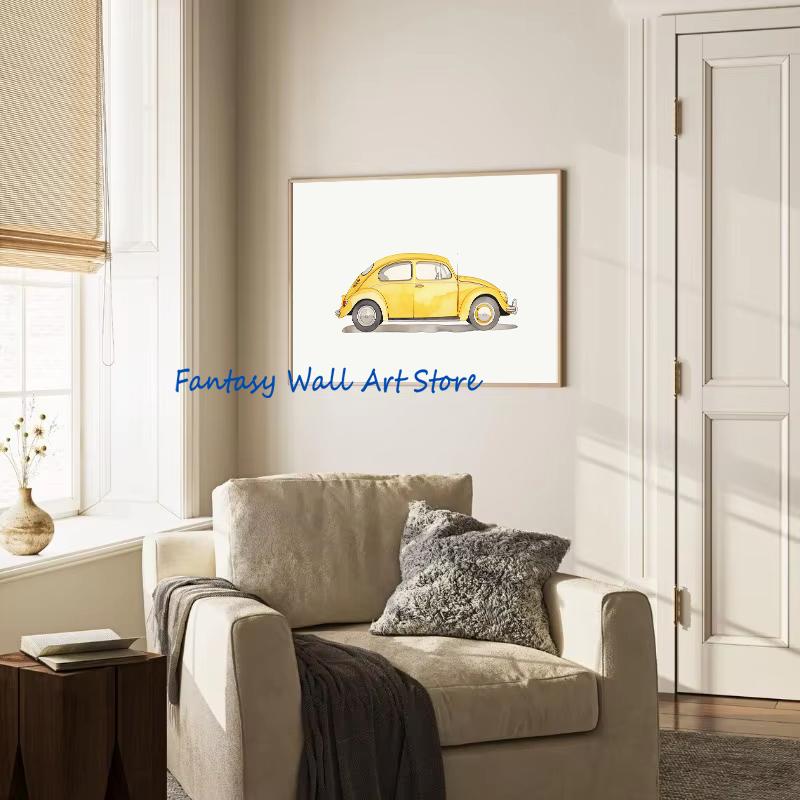 Green Yellow Classic Cars Prints Vertical Car Poster Canvas Printing Boys Room Sage Green Classic Cars Art Decor Kids Room Decor