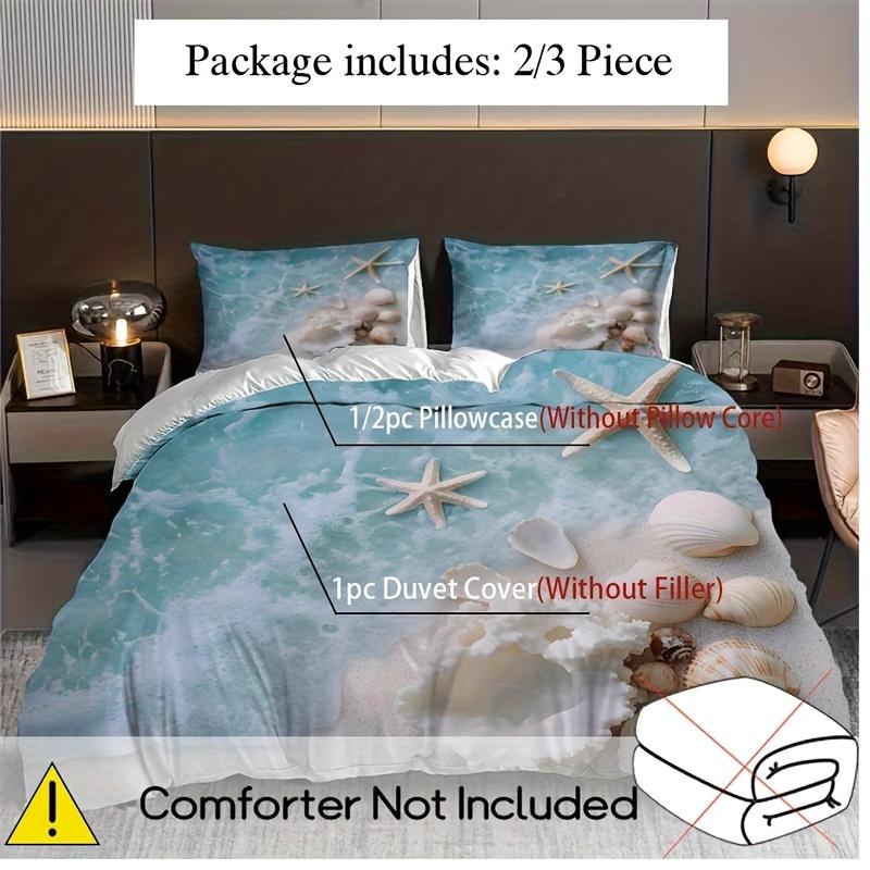 2/3-teiliges Bettwäsche-Set mit Muscheldruck und Wellenmuster für den Strand (1 Bettbezug + 1/2 Kissenbezug ohne Füllung) Sommer Ozean Thema Bettwäscheset