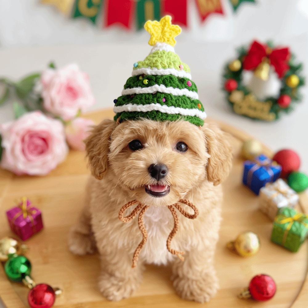 Soft Texture Pet Tree Hat Handmade Knit Kitten Collar Christmas Cat Scarf Small Dogs