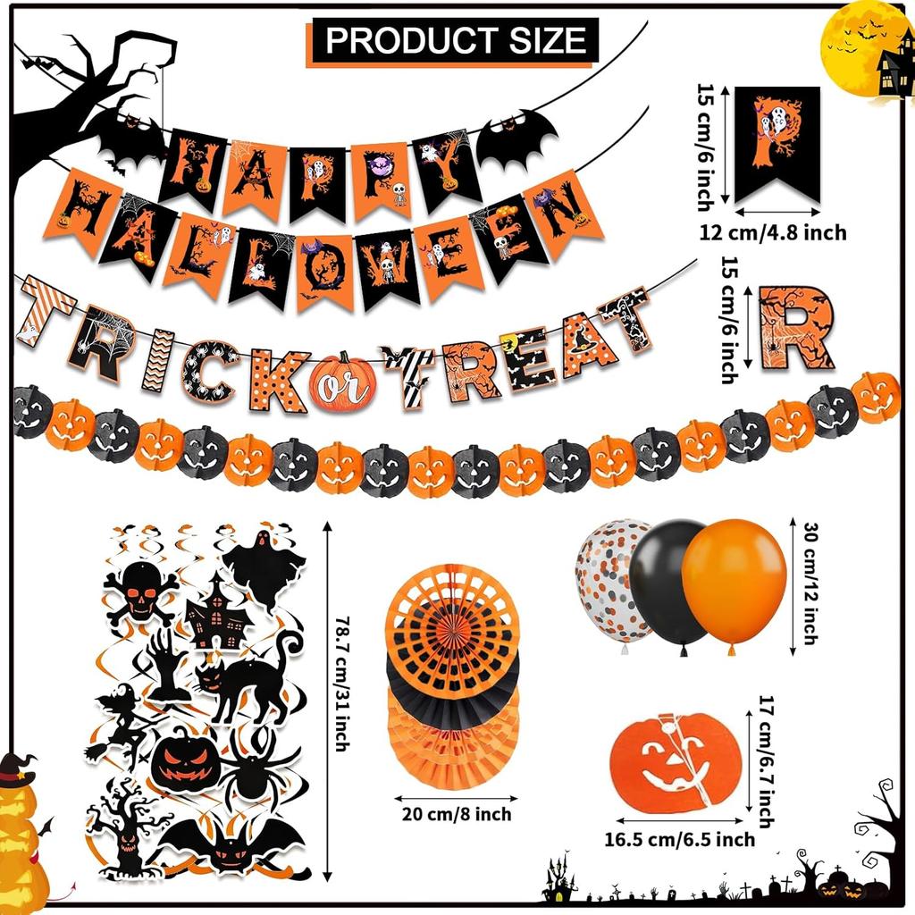 Happy Halloween Trick or Treat Banner Paper Fan Balloons & Swirl Streamers Goul Bat Cat Bird Ghost Pumpkin Lantern for Party Decorations