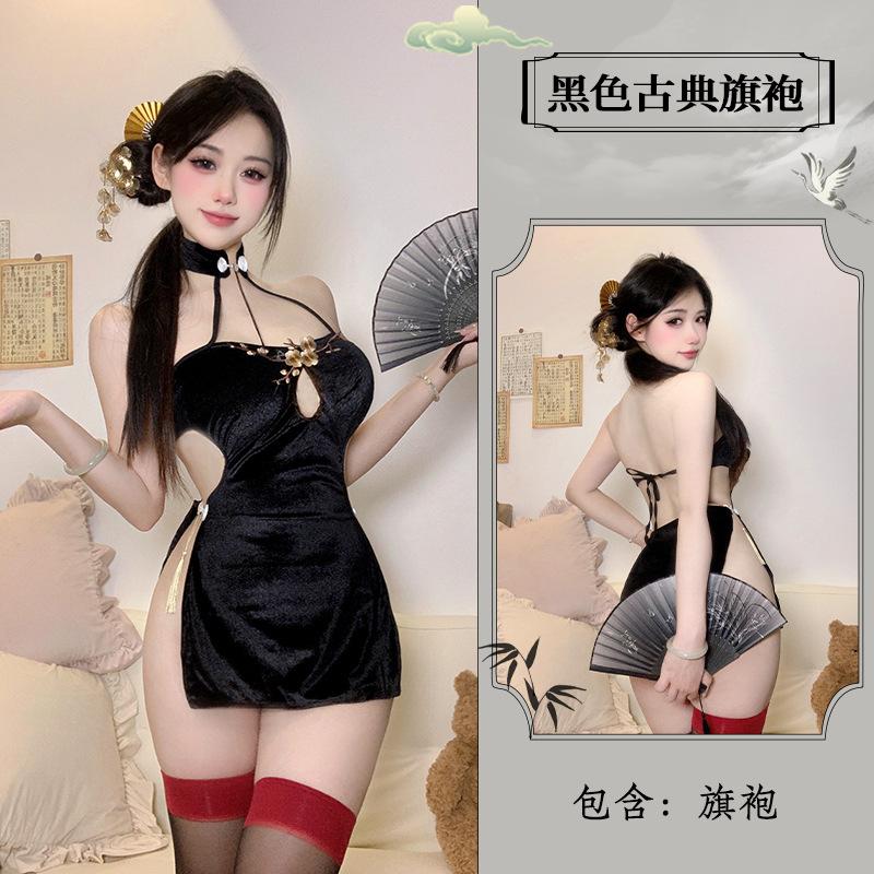 Sex underwear sexy Chinese neck plum blossom embroidery chest high slit naked back retro cheongsam woman