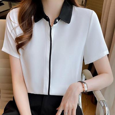 Women's Chic Contrast Color Polo Collar Chiffon Shirt - Summer Style Versatile Fashion