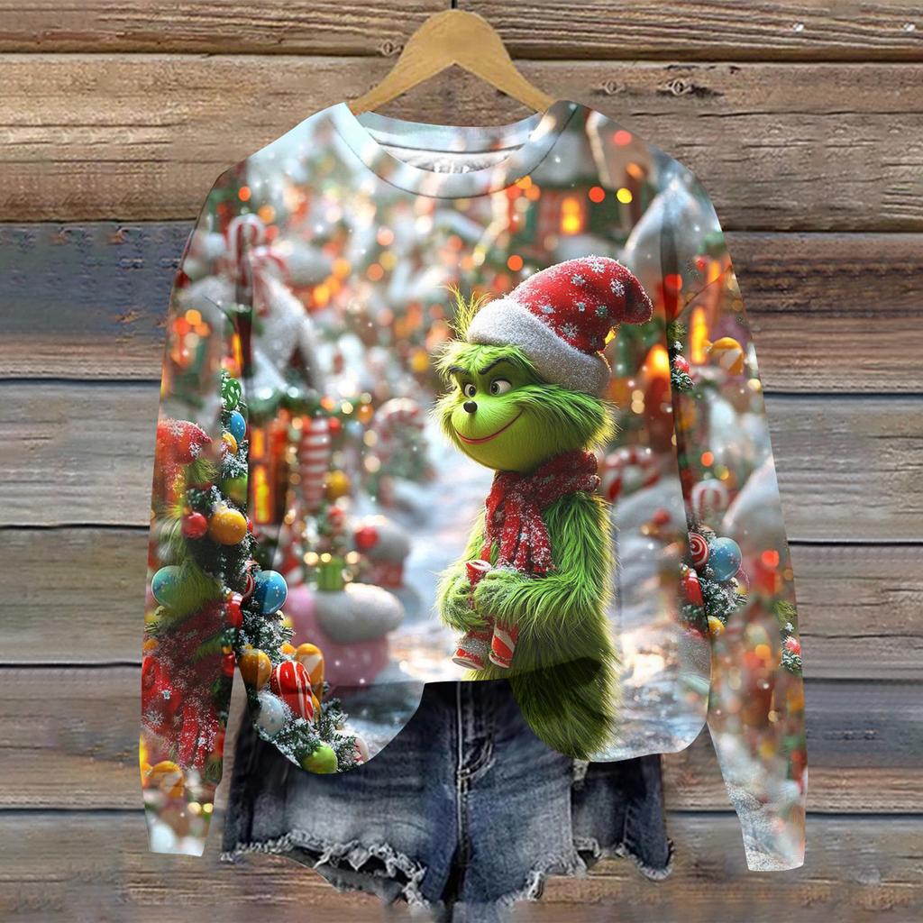 Ladies' Christmas Greentown Print Casual Long Sleeved Round Neck Sports Hoodie Top