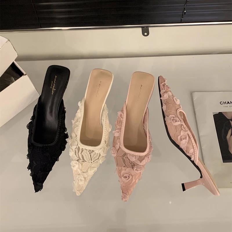 Moda Verão Moda Feminina Mules Tamancos Salto Alto Elegantes Bico Coberto Vestido Renda Slides Senhoras Sapatos de Festa Dança Baile