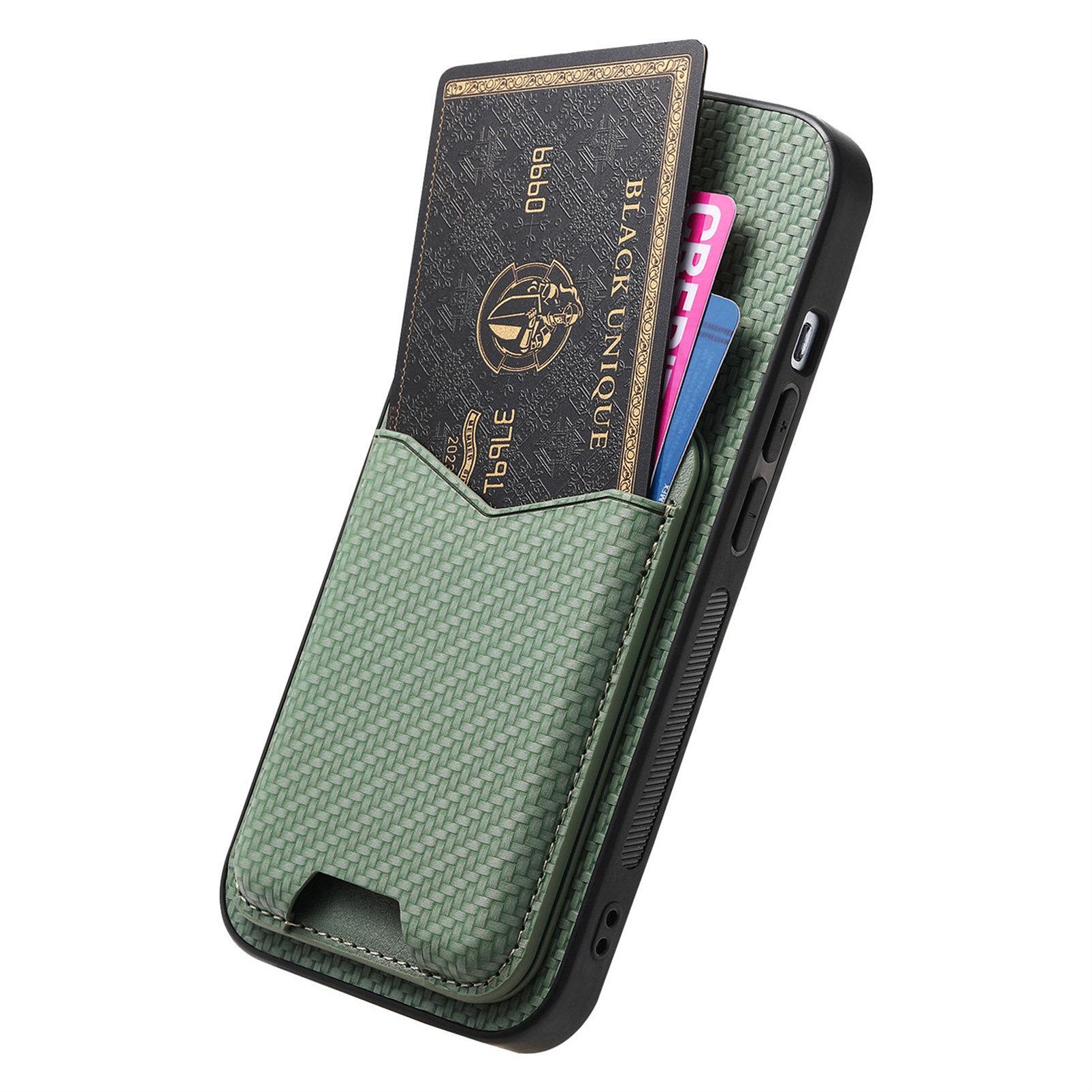 

For iPhone 16e Case Card Holder Kickstand Carbon Fiber Texture Back Cover Black