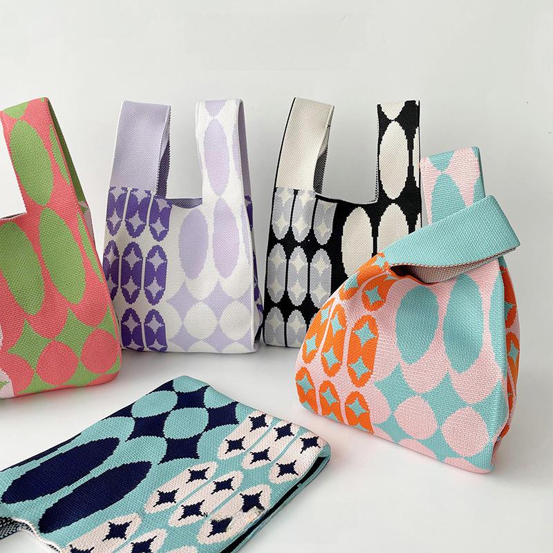 Women's Contrast Color Polka Dot Knitted Tote and Shoulder Bag Collection