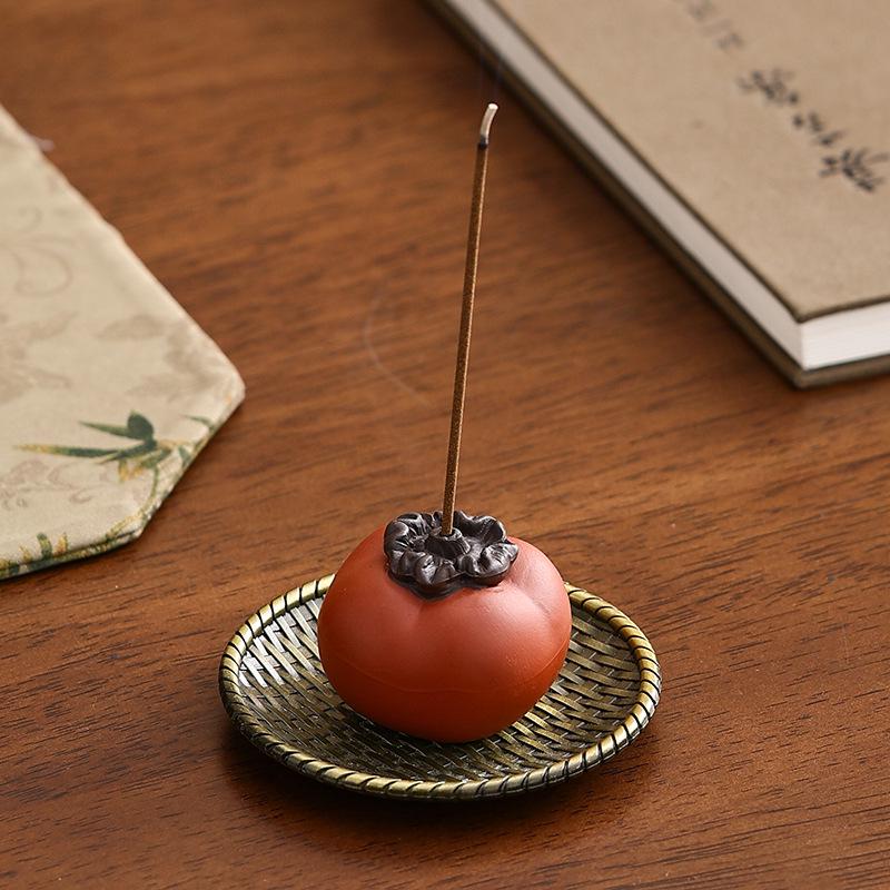Creative Small Ceramic Persimmon Incense Holder - Zisha Burner for Agarwood & Sandalwood, Ideal for Tea & Incense Ceremonies Indoors