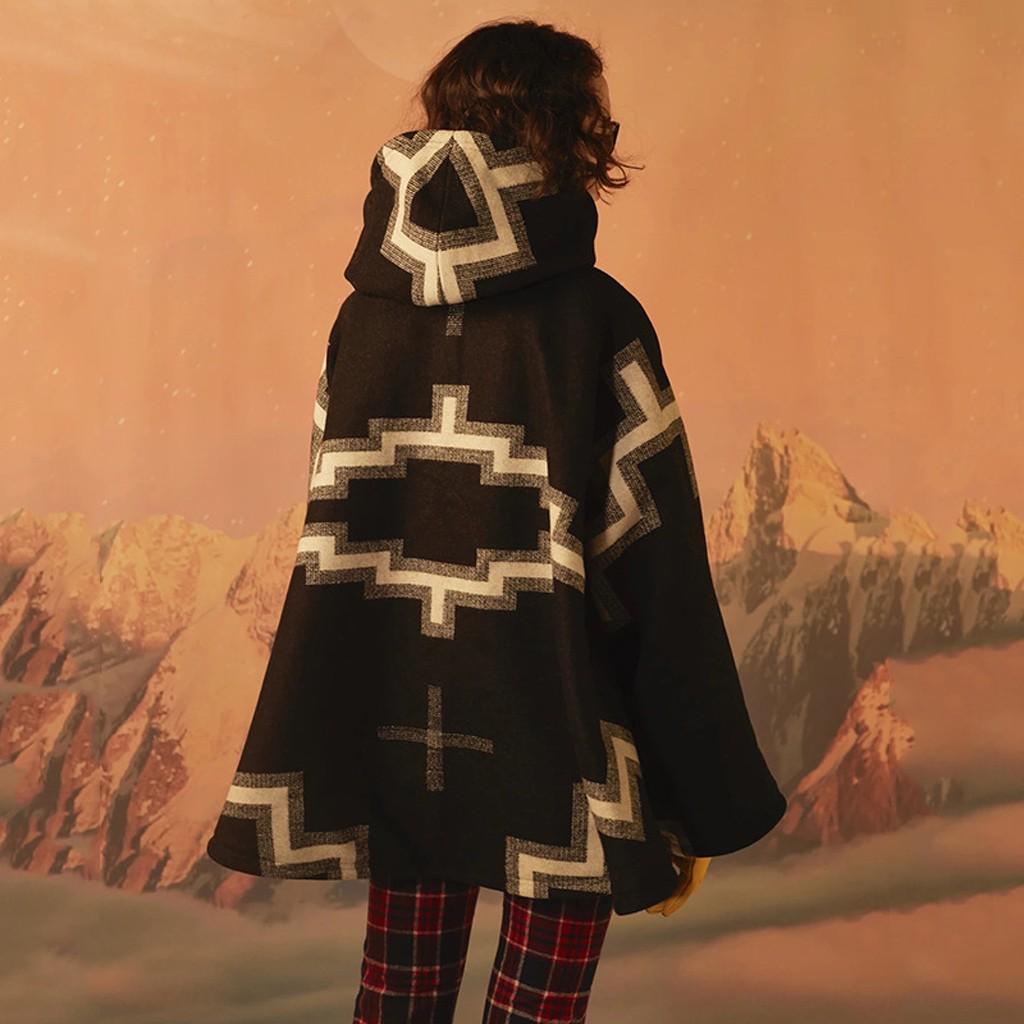 Women Casual Horn Buckle Retro Print Long Sleeve Hooded Jacket Pocket  Coats