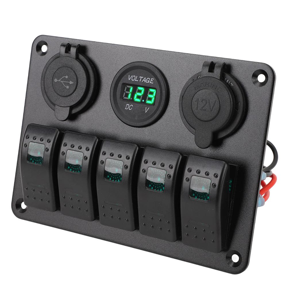 Switch Panel DC 12 to 24V 5 Gang Aluminum Alloy IP65 Water Resistant Prewired Rocker Switch Panel with Dual USB Cigar