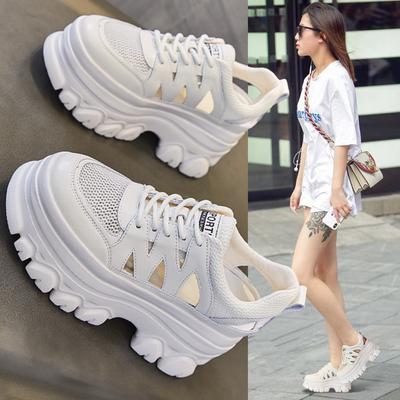 Leather Hollow Height Increase 9CM Thick-soled Sandals Women's New Breathable Lace-up Mesh White Shoes Comfortable Single Shoes Light