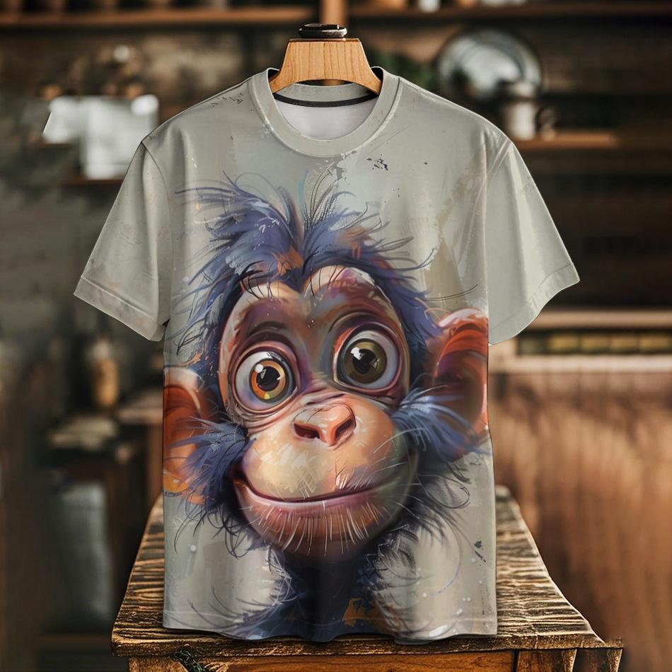 Summer Round Neck 3D Fun Cartoon Patterns Print Top Fashionable Casual Short Sleeved Men's T-shirts