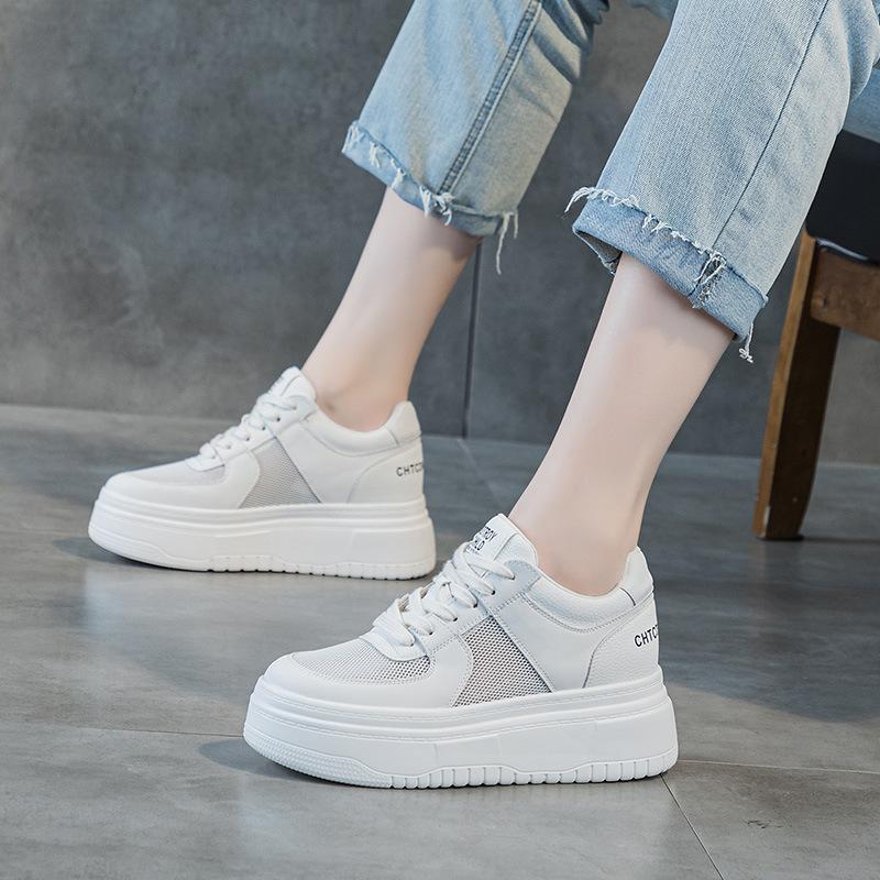 Leather little white shoes women's 2025 spring and summer new mesh breathable sports and leisure shoes thick sole inner height increase 8CM women's s
