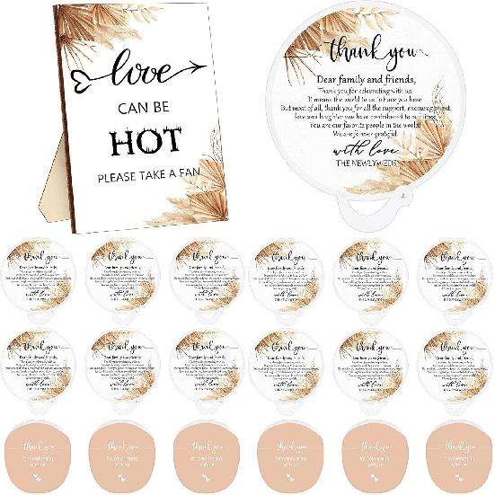 Wenqik 50 Pcs Wedding Fan for Guests and 1 Love Is Hot Sign Wooden Wedding Table Sign Folding Hand Round Shaped Folding Fan with Plastic Handle and