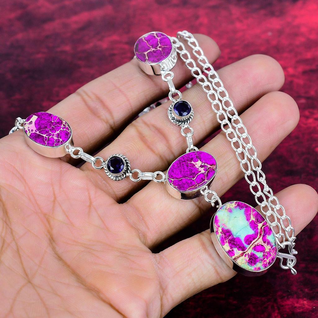Purple Sea Sediment & Iolite Necklace Gemstone Jewelry, 925 Solid Sterling Silver Necklace, Handmade Jewelry Birthstone Necklace
