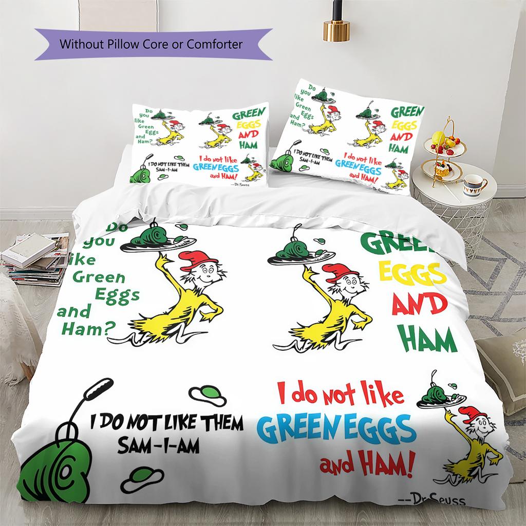Green Eggs and Ham Pattern Bedding,Quilt Set Quilt Cover Pillowcase Home Birthday Gift (1 * duvet cover + 2 * pillowcase, without core)