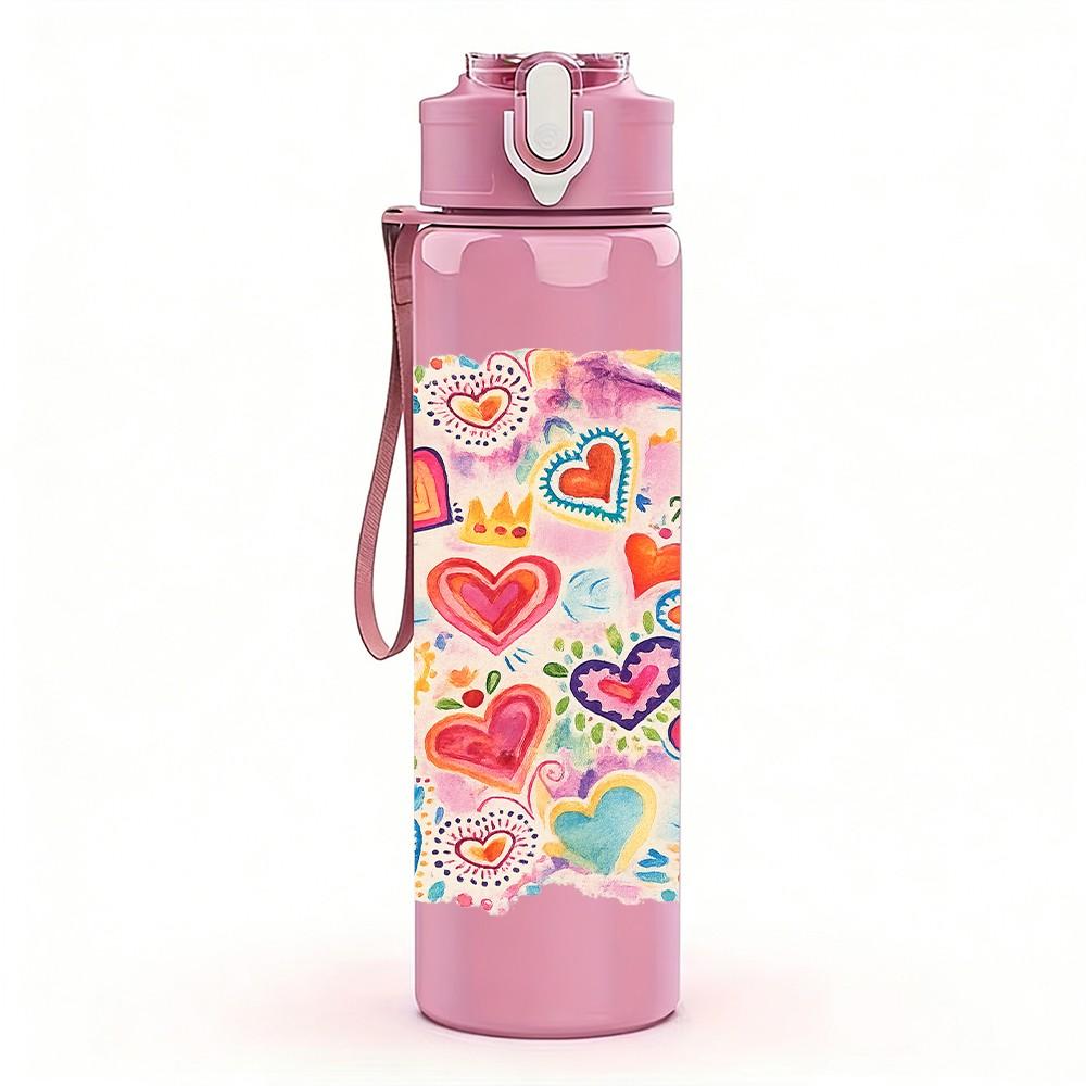 1PC Heart Love Seamless Pattern Print 750ml Color Plastic Sports Water Bottle Leakproof Flip Straw Lid Suitable for Sports Office Home Use
