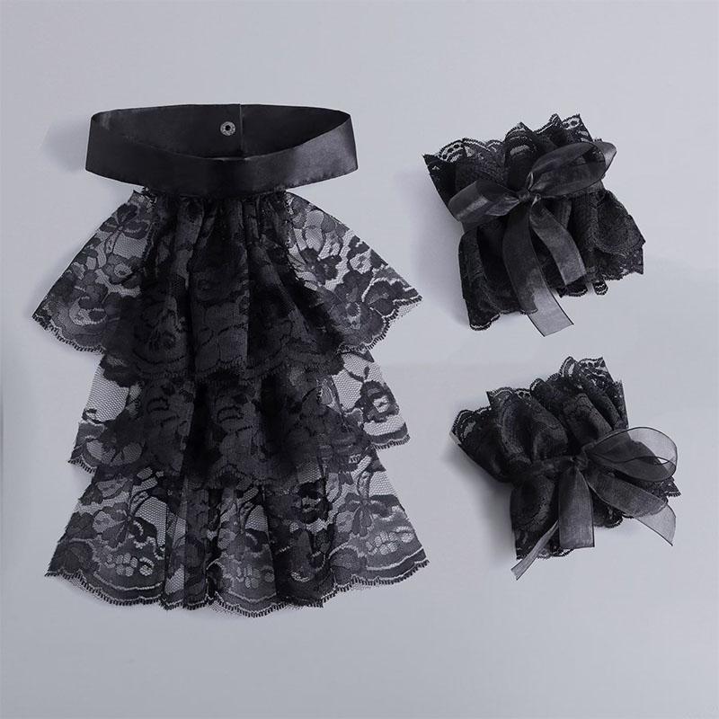 White Big Lapel Fake Collar And Black Detachable Cuff Lace False Collar Stand Removable Faux Col for Women Half Shirt Accessory