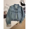 Spring and Autumn New Plaid Splicing Sleeves Short Denim Jacket Women's Loose Casual Small Jacket Trend