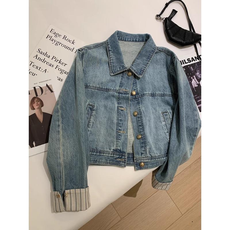 Spring and Autumn New Plaid Splicing Sleeves Short Denim Jacket Women's Loose Casual Small Jacket Trend