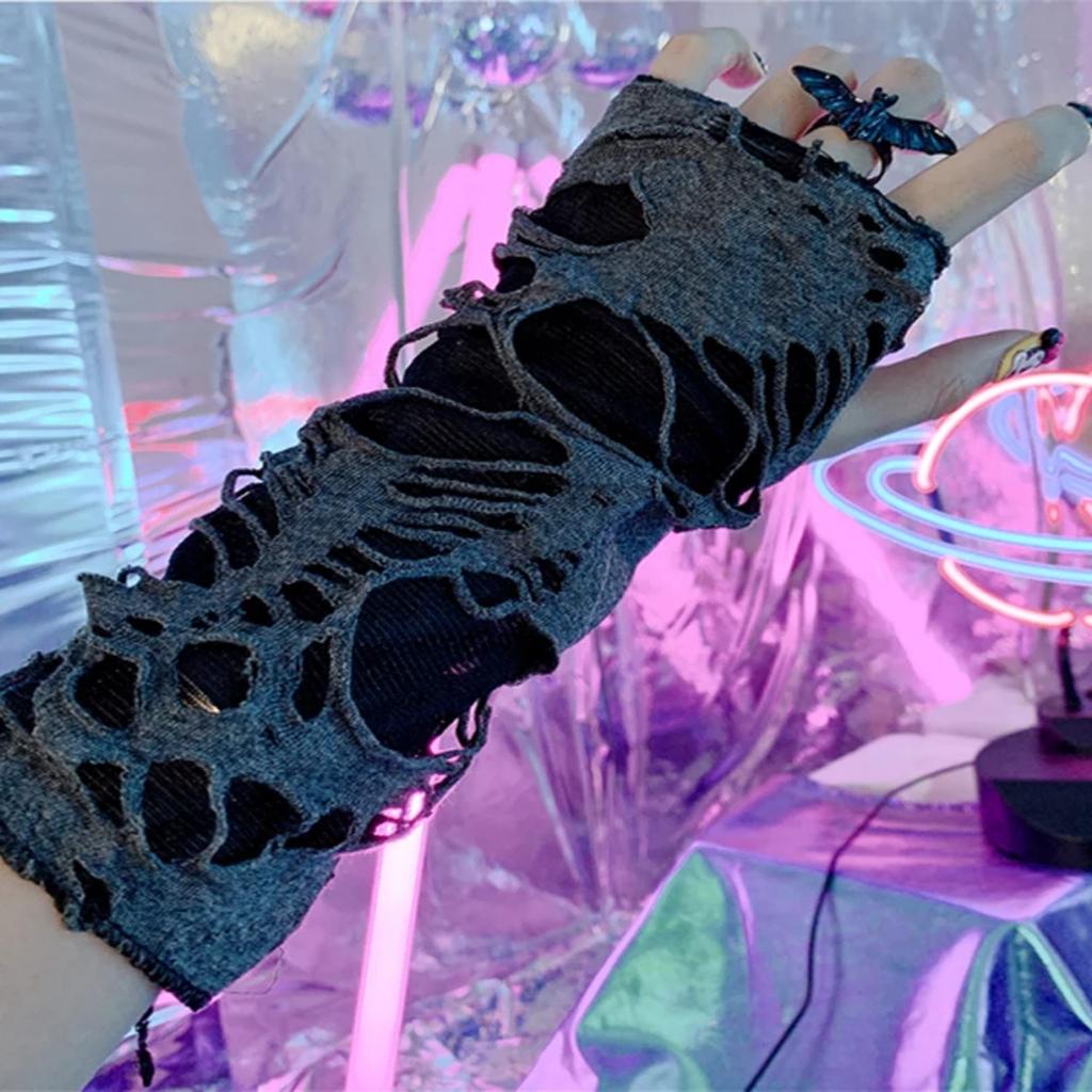 Gotické Ninja černé dlouhé rukavice bez prstů Punk Děrované rukavice s polovičními prsty Ohřívače paží Žebravý Cosplay Halloweenské kostýmní doplňky