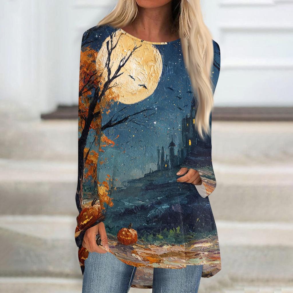 Women's Halloween Printed Long Sleeve Round Neck T-Shirt Mid-Length Casual Top