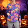 Women's Casual Long Sleeve Scrub Top with Single Buttons Halloween Print for Work Uniform