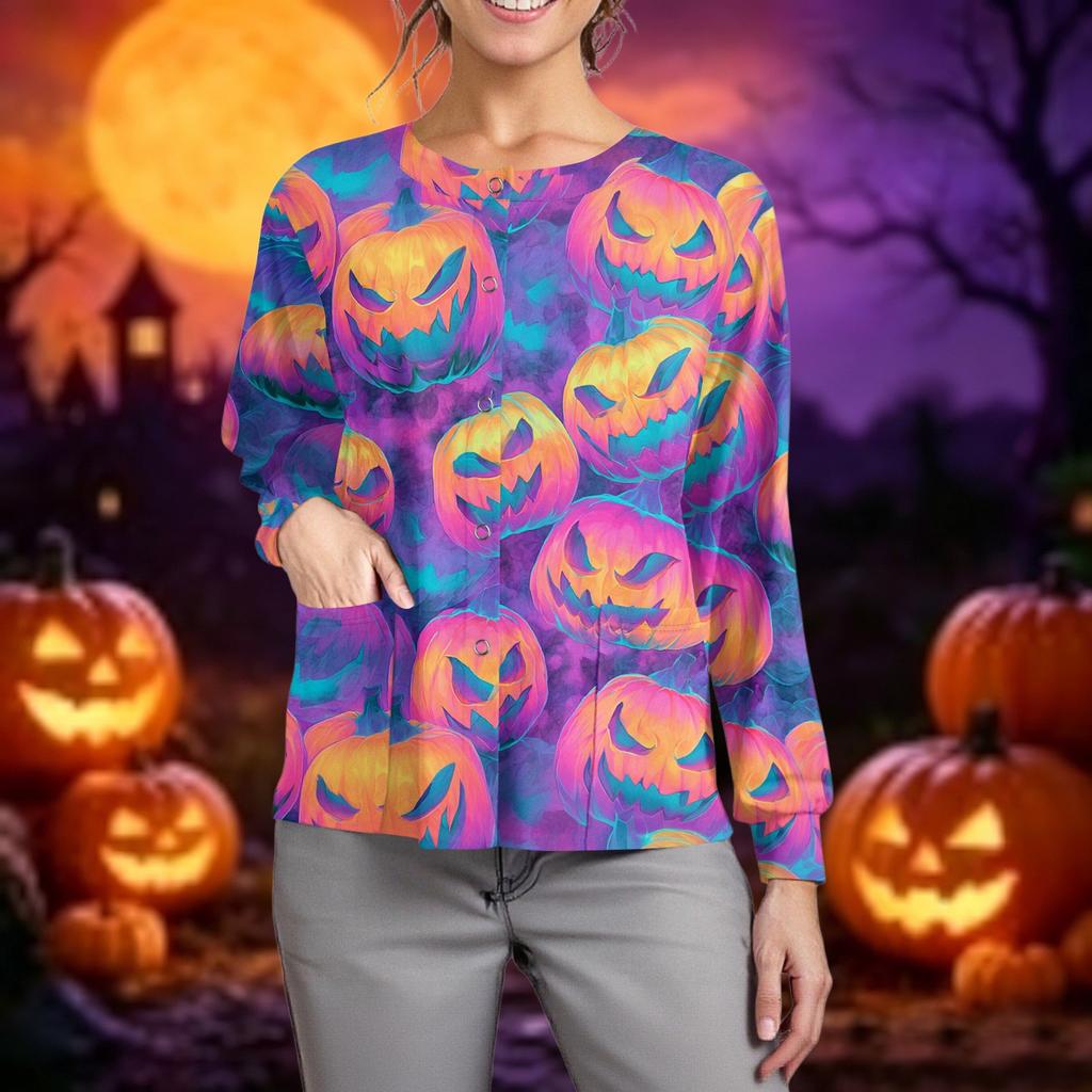 Women's Casual Long Sleeve Scrub Top with Single Buttons Halloween Print for Work Uniform