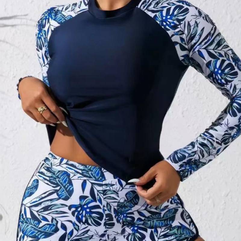 Polyester Spliced Womens Swimwear With Long Sleeve Floral Print For Surfing And Water Sports