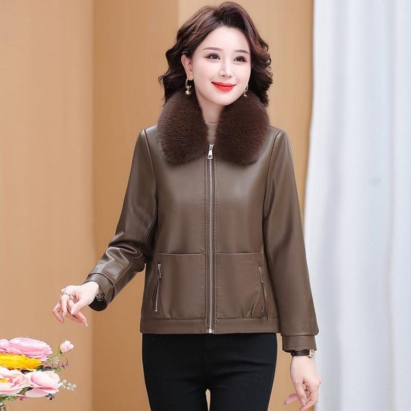 

Женская кожаная куртка с меховым воротником, короткая куртка, женская одежда, флисовая утолщенная кожаная куртка женская 4XL [recommended 135-75kg]