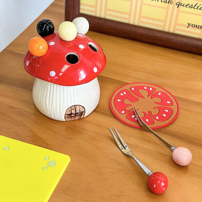 Cute Mushroom Fruit Fork Set Dessert Cake Stainless Steel Small Fork Storage Can Fruit Fork Home Decoration Kitchen Accessories