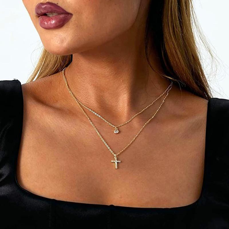 Hot-selling Necklace Fashion Temperament Zircon Pendant Clavicle Chain Women's Double-layer Diamond-encrusted Cross Necklace