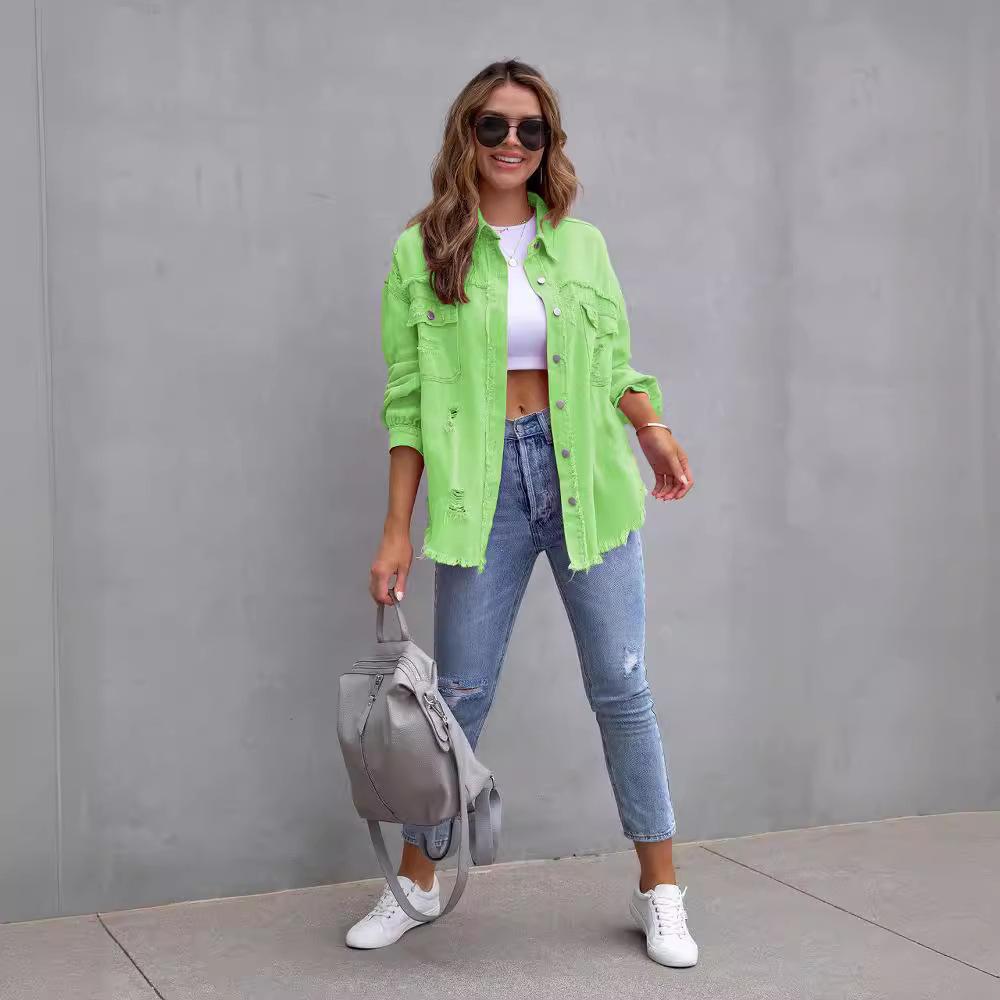 New Long-edged Ripped Denim Jacket Women's Autumn and Winter Long-sleeved Casual Lapel Top