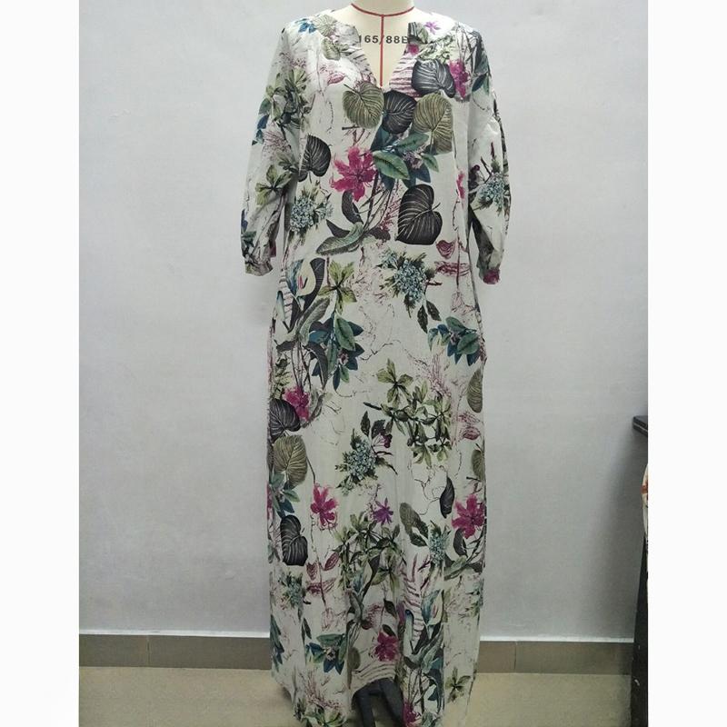 Cotton Linen Printed Plus Size Summer Dress Women V-neck Casual Loose Oversized Dress Woman Simple Vintage Floral Elegent Dresses 24363