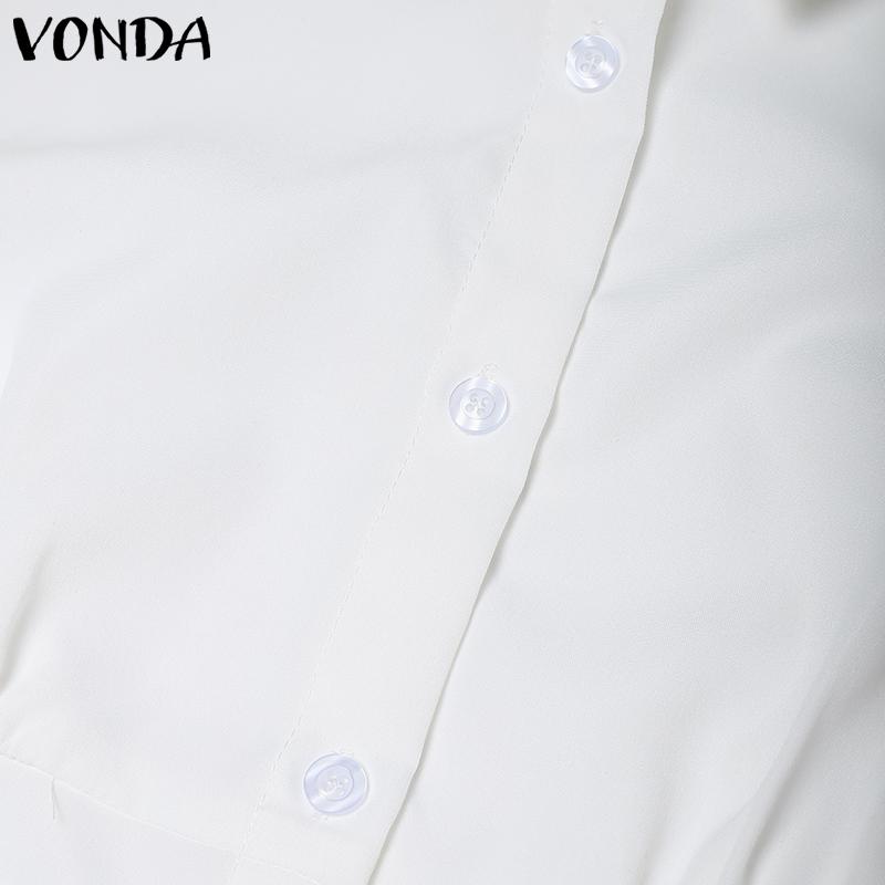 VONDA Women Turn-down Collar Short Sleeve Slim Waist Casual Short Blouse