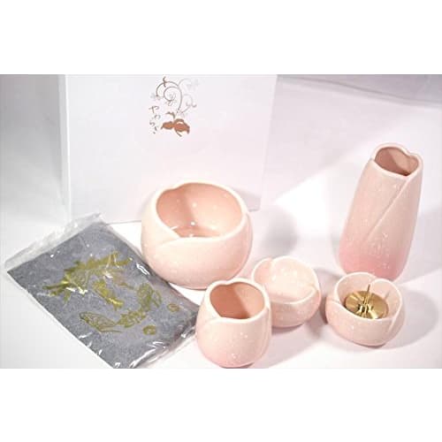 Yawaragi 5-Piece Buddhist Altar Accessories Set, Medium, Sakura (Incense Burner, Teacup, Candle Holder, Buddhist Vessel, Vase) *Includes a small amoun