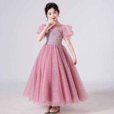 Girls' Sequin Puff Sleeve Princess Dress - Long Mesh Flower Girl Wedding Summer Formal Attire
