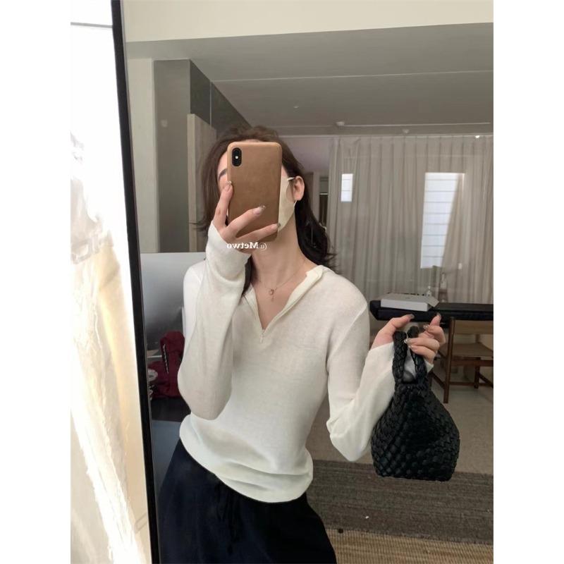 Half-zipper hooded bottomed knitted sweater for women's autumn and winter, long-sleeved sweater and slim-fit top
