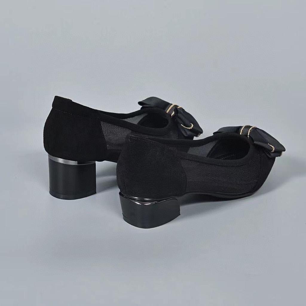 Mesh Shoes Fashion Pointed Bow Small Single Shoes Cashmere One Pedal Thick Heel Mesh Single Shoes