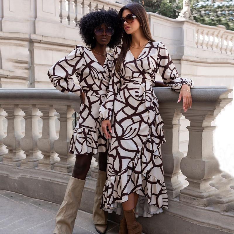 Fashion Lantern Sleeve Vintage Print Casual Dresses Women Elegant Slim Fit Ruffled Women's Dress A Line High Waist Lace-up Office Ladies Dress 26157