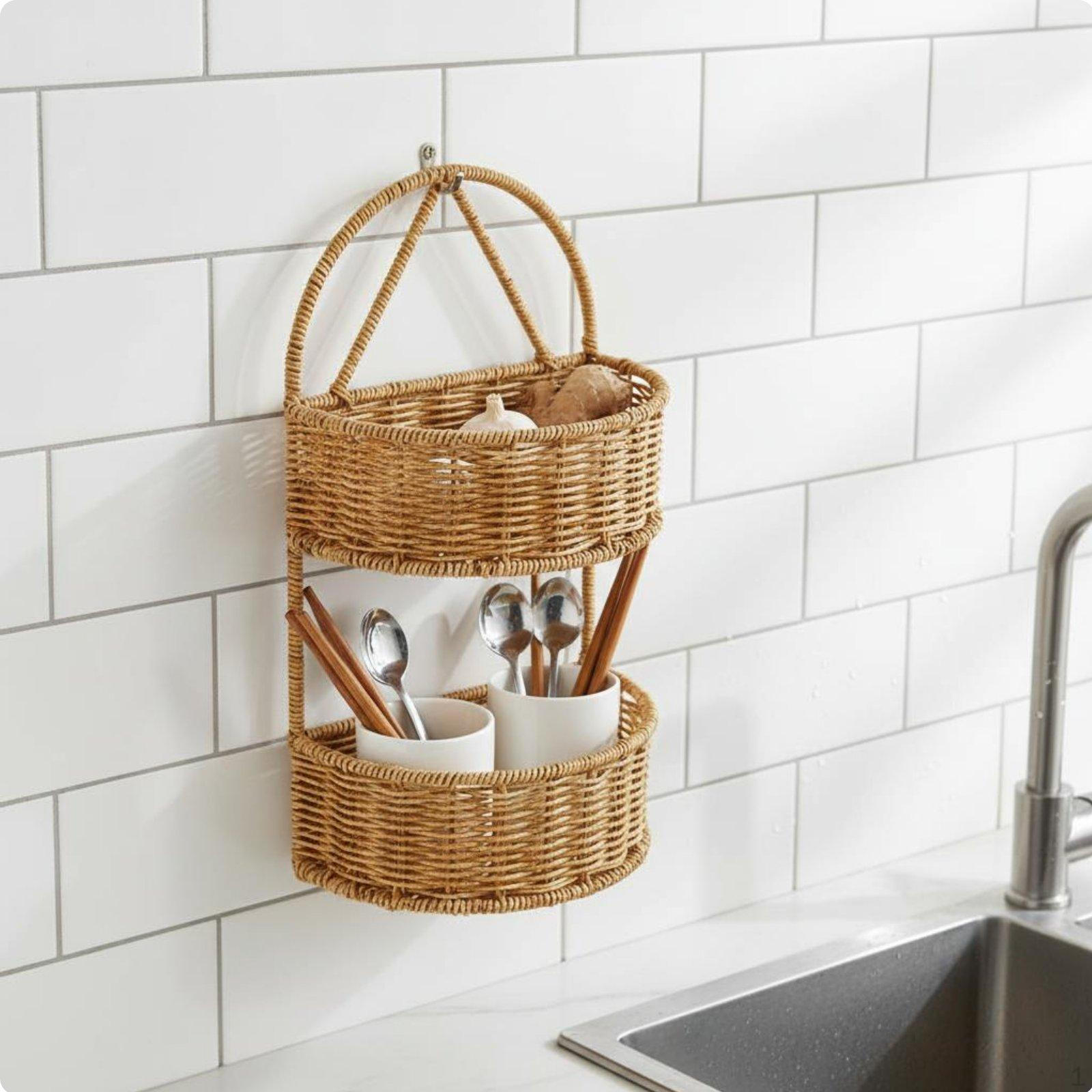 Faux Rattan Hanging Basket SpaceSaving Woven Storage Multipurpose for Washroom, Floral 2 Layers