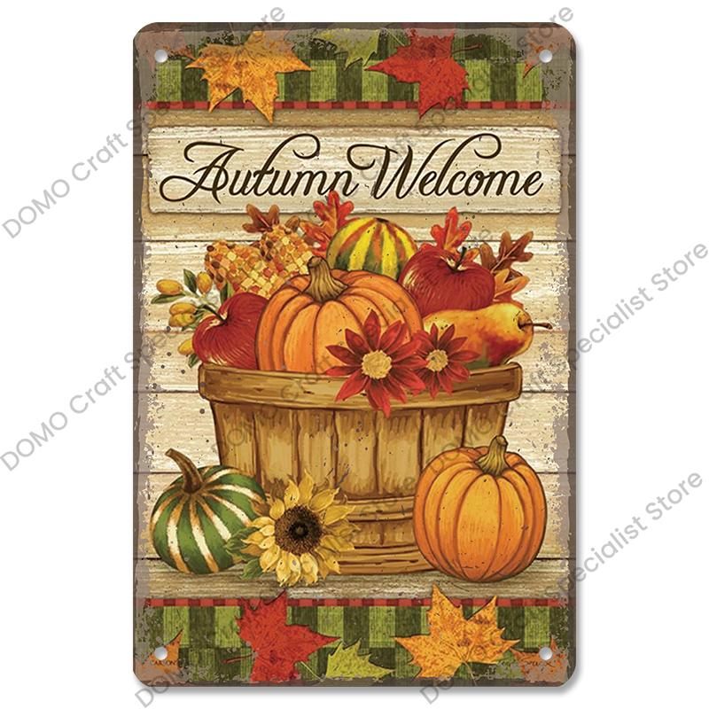 Welcome Poster Metal Plate Vintage Pumpkin Sunflower Bird Metal Tin Signs Wall Decor Garden Door Cafe Party