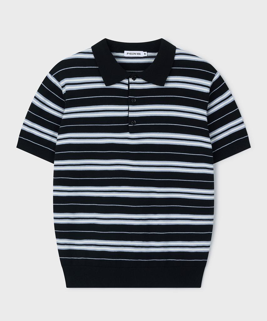 PYEON MA Multi Stripe Short Sleeve Polo Knit - Black